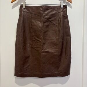 Toffs Brown Croc Embossed Leather Pencil Skirt Size 8P Petite Vintage 15-7714